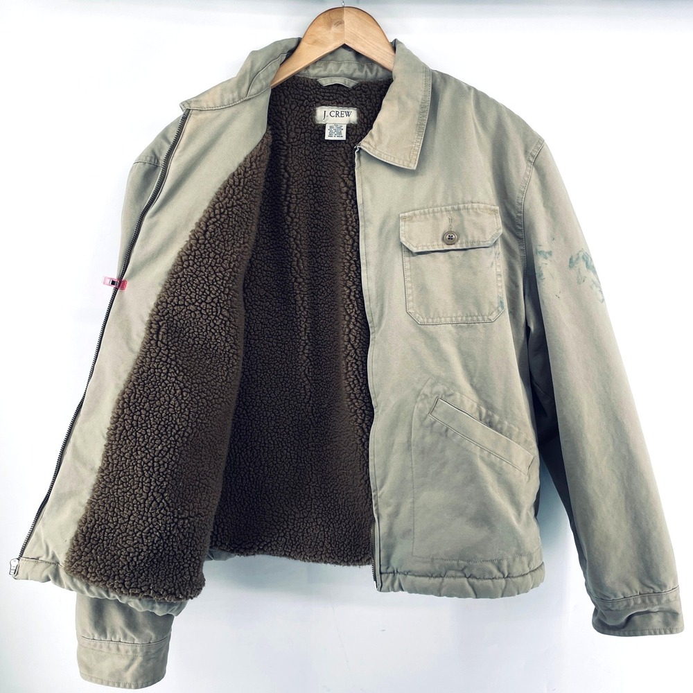 Vtg J Crew Coat Jacket Men XL Y2K Canvas Faux Sherpa Lined Work Distress‎ Grunge